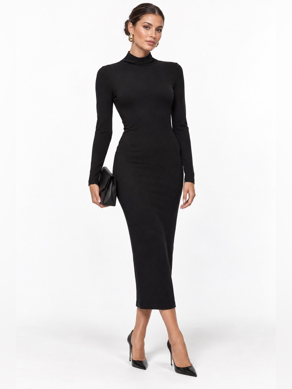 Good American Black Mock Neck Long Sleeve Midi Dress Size 1 NWT